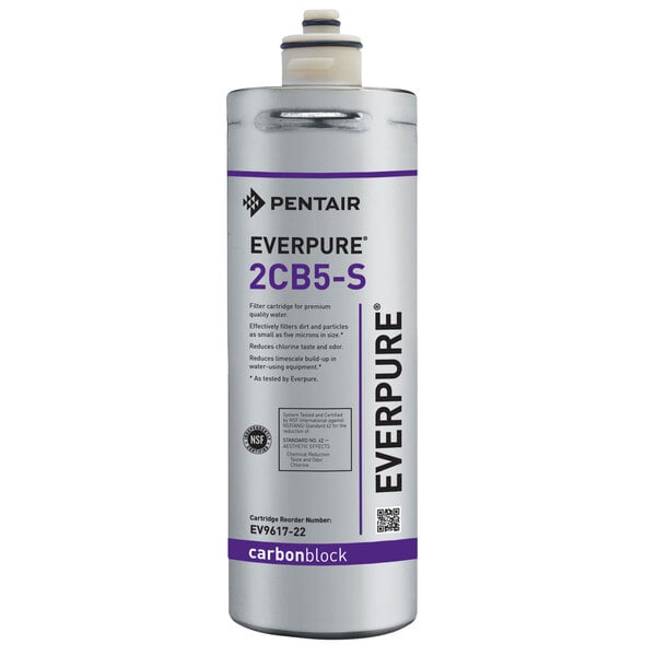 An Everpure water filter cartridge with a silver can and purple label.