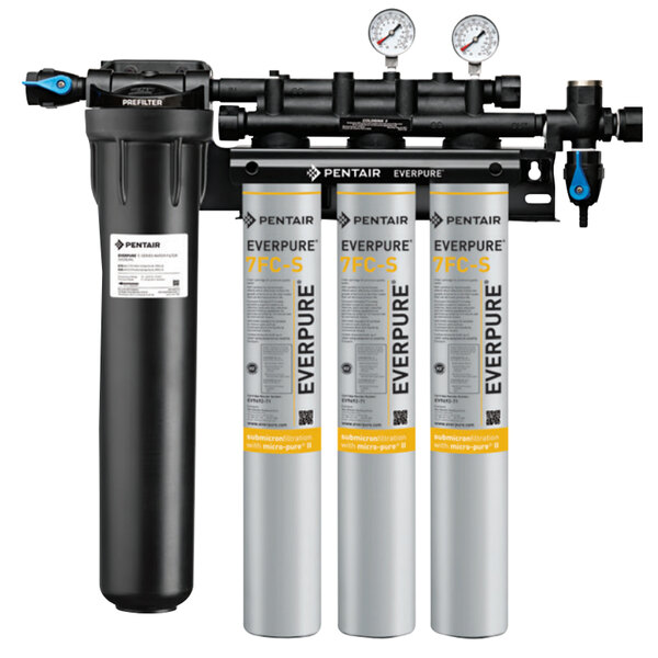 The black and grey Everpure water filtration system with white labels on the filters.