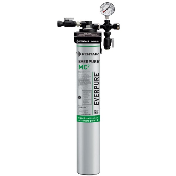 A grey Everpure water filtration system with a gauge.