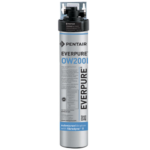 The Everpure QL2-OW200L water filter kit. A grey and black cylinder with black caps.