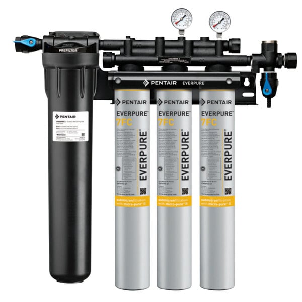 An Everpure water filter system with white, black, and silver filters.