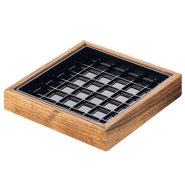 A wooden square Cal-Mil drip tray with a black plastic insert.