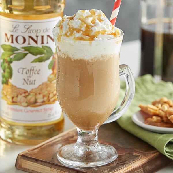 A glass of Monin toffee nut flavored coffee.