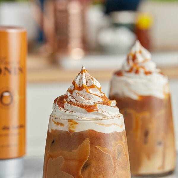 Two iced coffees with Monin Dulce de Leche flavoring sauce.