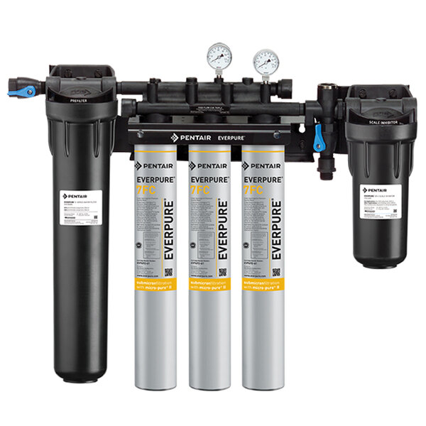 A black Everpure water filtration system with three black and silver water filters.