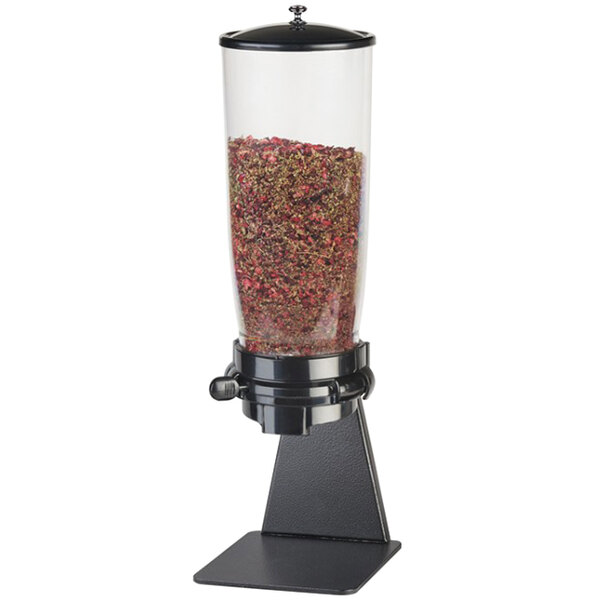 A black Cal-Mil tea leaf and topping dispenser with clear and green grains inside.