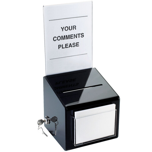 A black Cal-Mil suggestion box with a key and white card holder.