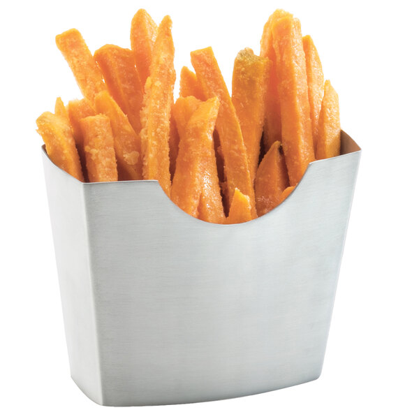 A stainless steel Cal-Mil French fry holder filled with fries.