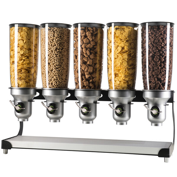 A black Cal-Mil cereal dispenser with five canisters filled with cereal.