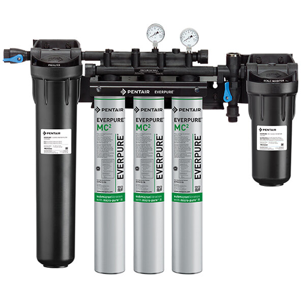 The Everpure High Flow Triple-MC2 Water Filtration System with Pre-Filter and three silver cans with green and white labels.
