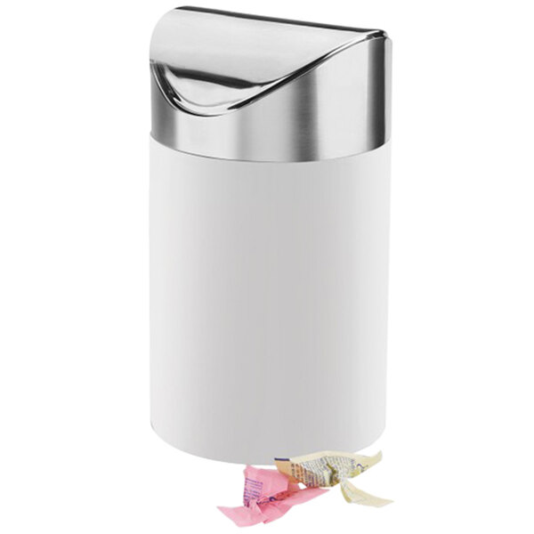 A white Cal-Mil round tabletop trash can with a stainless steel lid.