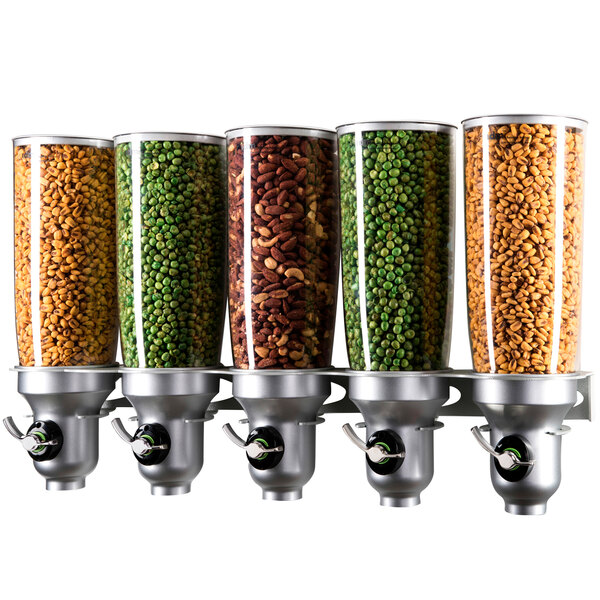 A group of five Cal-Mil platinum wall mount cereal dispensers.