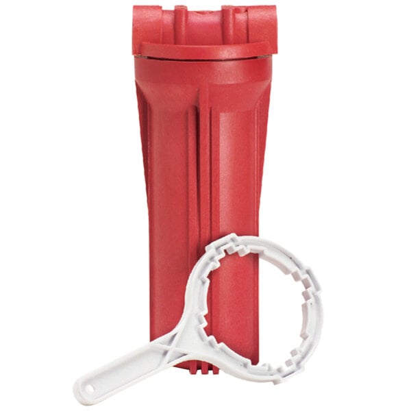 A red and white Everpure water filter with a white plastic ring.