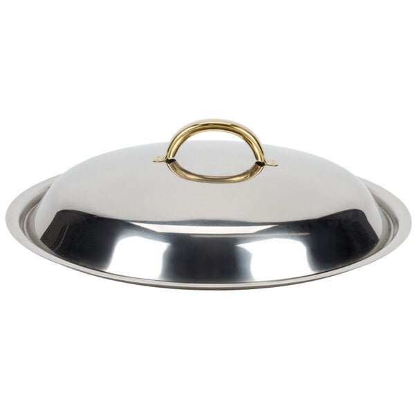 A Choice stainless steel chafer cover with gold accents.