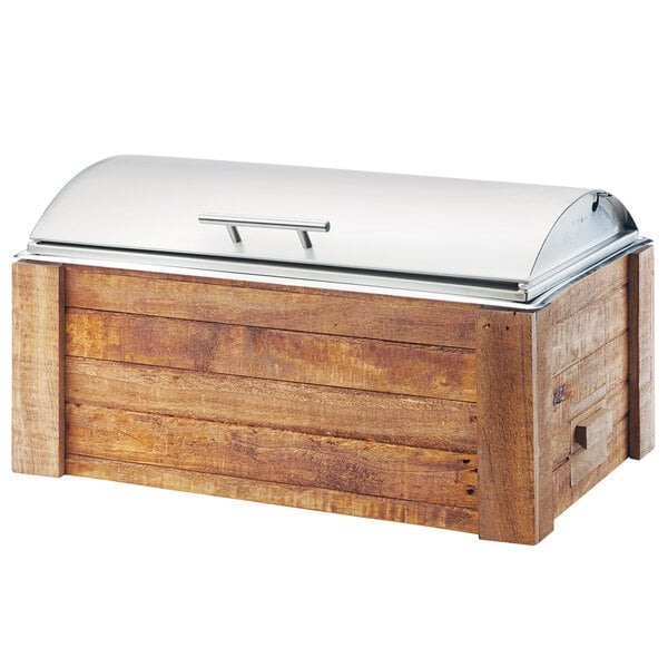 A wooden chest with a silver lid.
