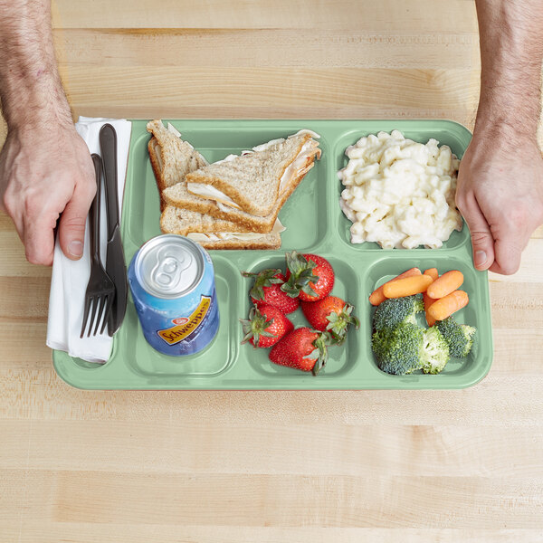 A person holding a Carlisle green 6 compartment tray with a sandwich, carrots, and a drink.