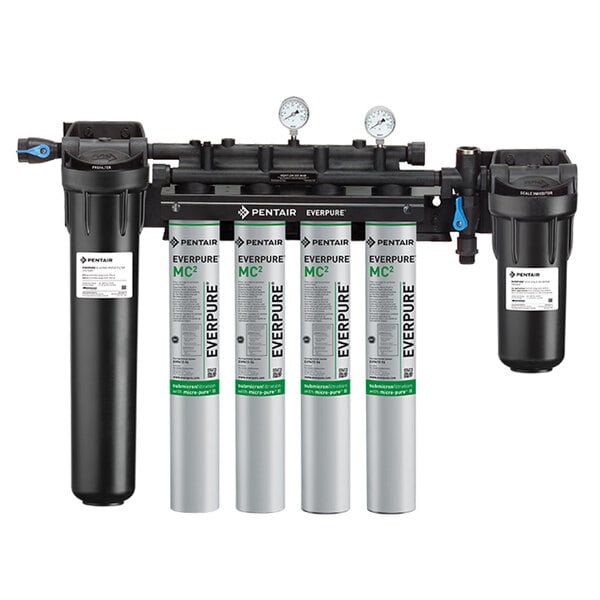 The Everpure High Flow CSR Quad-MC2 Water Filtration System with Pre-Filter and Low Pressure Alarm on a white background.