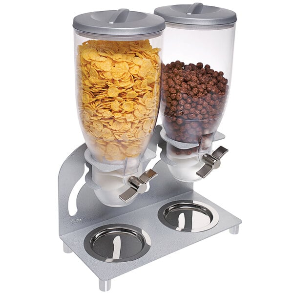 A Cal-Mil double cereal dispenser with corn flakes and cereal in it.