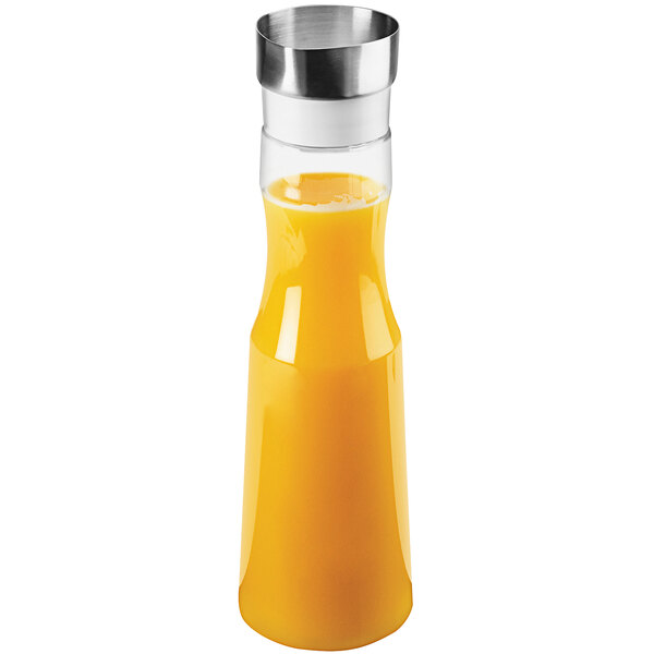 A clear Cal-Mil polycarbonate carafe with a lid filled with orange juice.