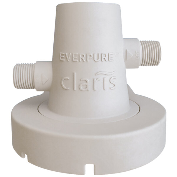 A white Everpure water filter head with text on it.