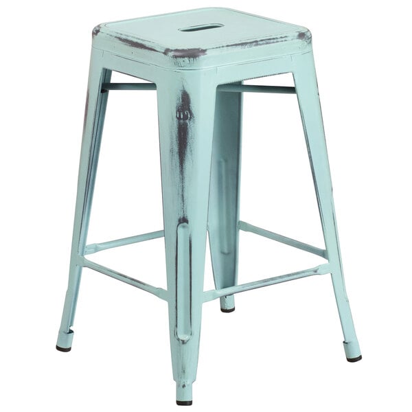 A Flash Furniture blue metal counter height stool with a square seat.
