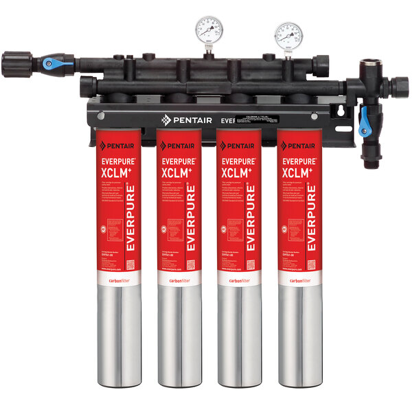 A red and white Everpure water filtration system with silver cylinders.