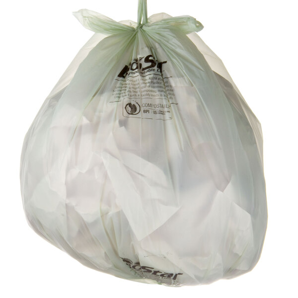 A white BioStar compostable trash can liner with black text.