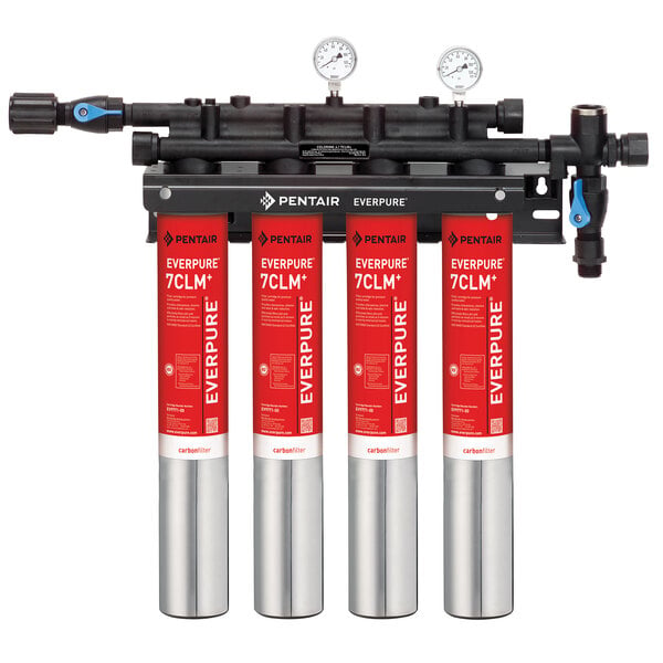 A red and white Everpure water filtration system with four cylinders inside.