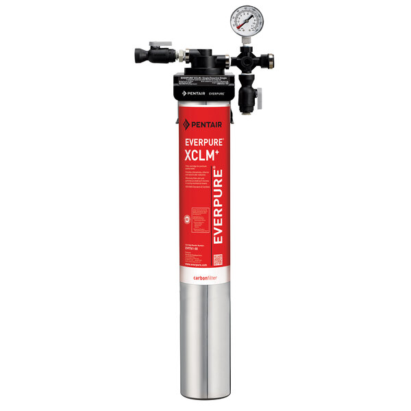 A silver Everpure water filtration system with a red label and gauge.