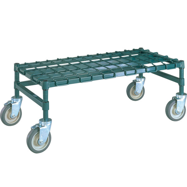 A green Metro heavy duty dunnage rack with wheels.