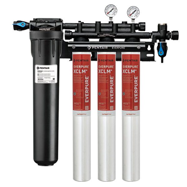 The Everpure Coldrink 3-XCLM+ water filter system with white, red, and black components.