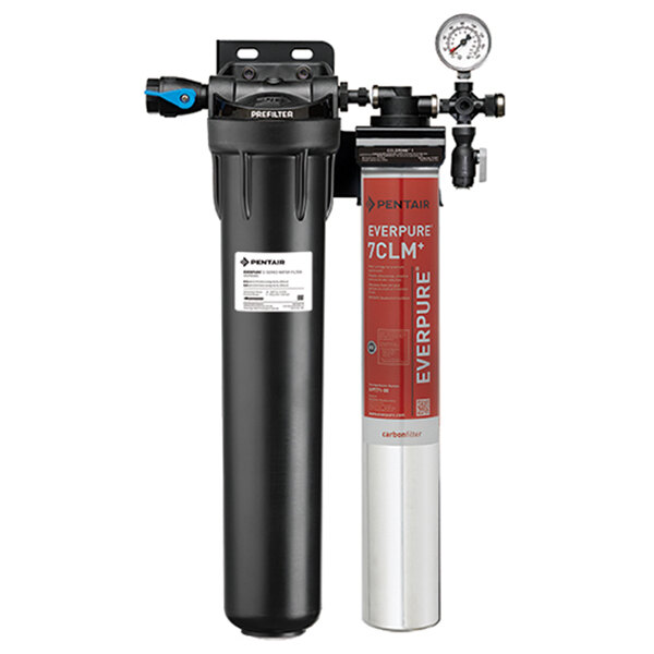 A black and silver Everpure water filter with a gauge.