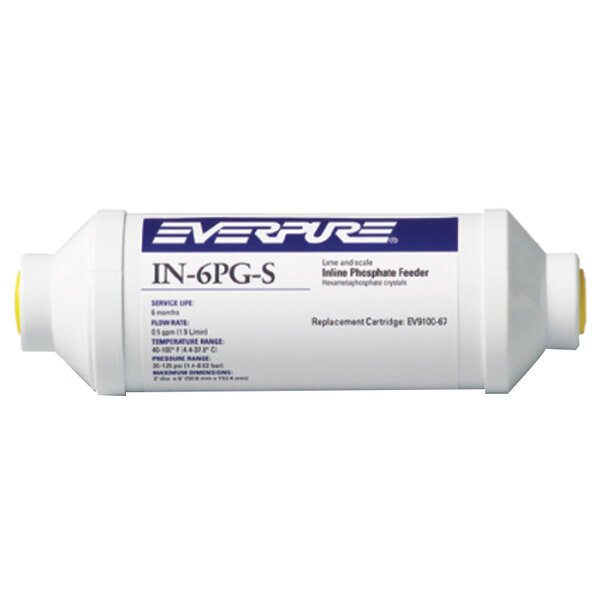 A white Everpure bottle with a blue and yellow label reading "Everpure EV9100-67 IN-6-PG-S In-Line Scale Inhibitor System"