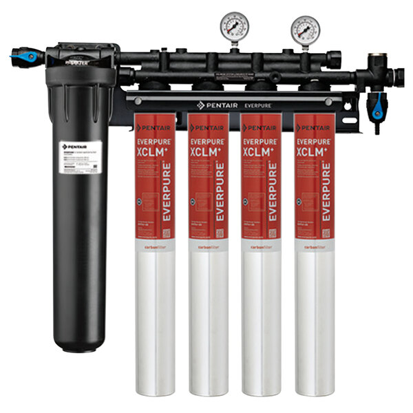 An Everpure water filtration system with four black and white cylinder filters.