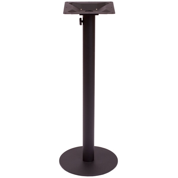 A BFM Seating black metal table base for an outdoor bar table with an umbrella hole.