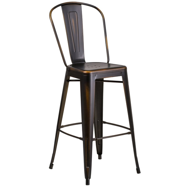 A black metal Flash Furniture bar stool with a vertical slat back and drain hole seat.
