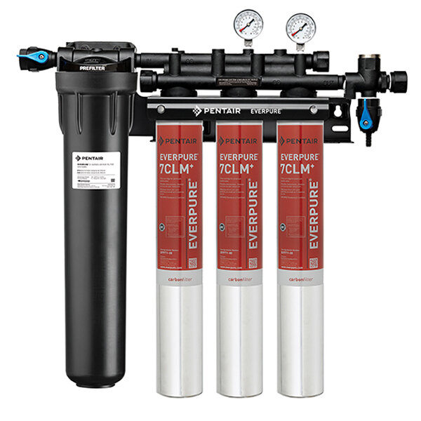 The Everpure Coldrink 3-7CLM+ Water Filtration System with pre-filter and three canisters, one black and two white.