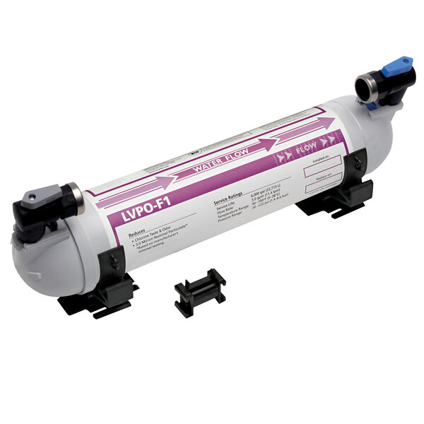A white and purple Everpure water filter cylinder with black clamps.