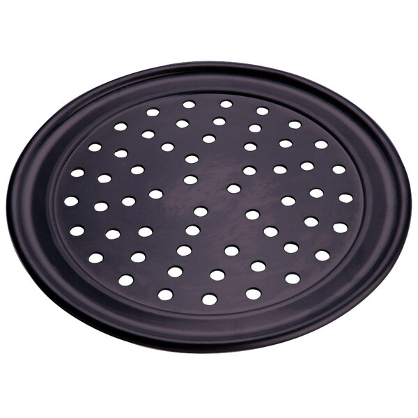 An American Metalcraft 9" black hard coat anodized aluminum pizza pan with holes.