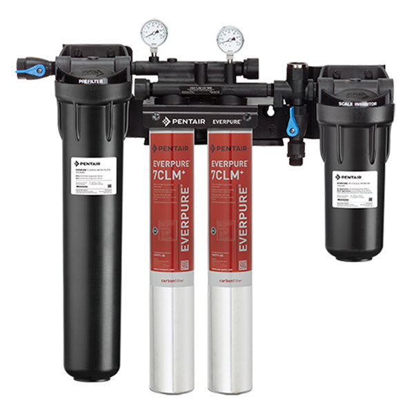 An Everpure water filtration system with two black and white water filters.