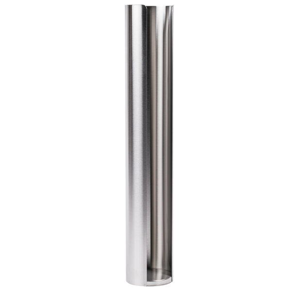 A stainless steel San Jamar wall mount lid holder with a metal tube and a hole.