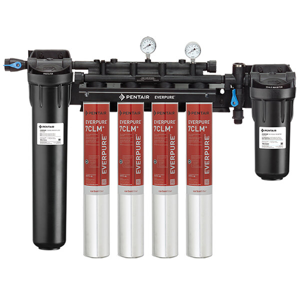 The Everpure High Flow CSR Quad-7CLM+ Water Filtration System with Pre-Filter and Scale Reduction. A red and white water filter system.