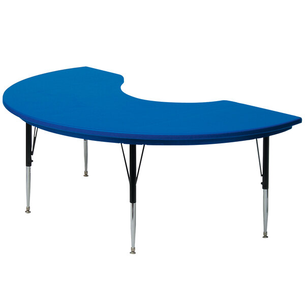 A blue plastic Correll kidney table with adjustable legs.