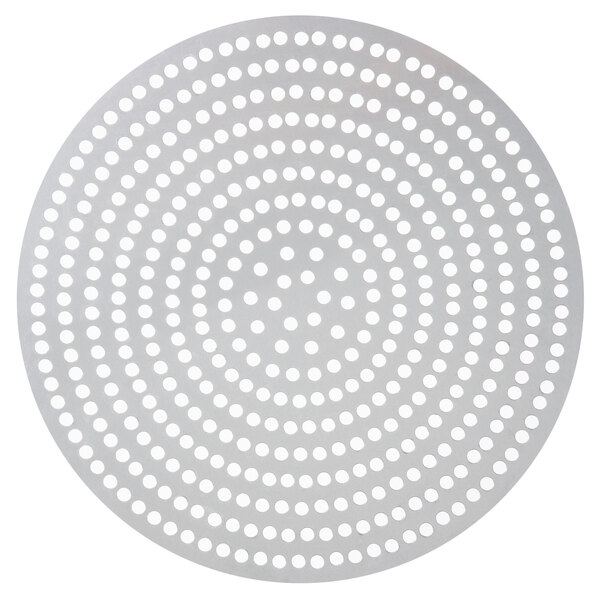 An American Metalcraft 20" super perforated aluminum pizza disk with small holes in it.