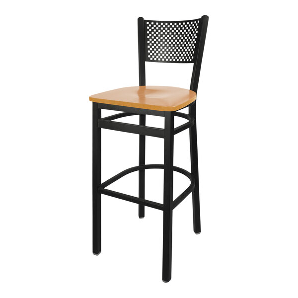 BFM Seating Polk Sand Black Metal Bar Height Chair with Cherry Seat