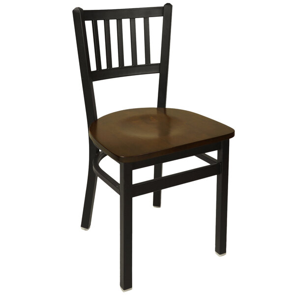 A BFM Seating Troy side chair with a walnut seat and black metal frame.