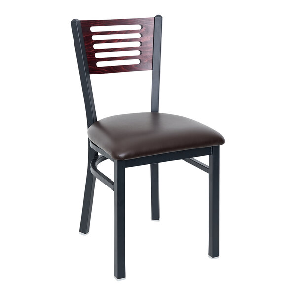 BFM Seating Espy Sand Black Metal Side Chair with Mahogany Wooden Back and 2" Dark Brown Vinyl Seat