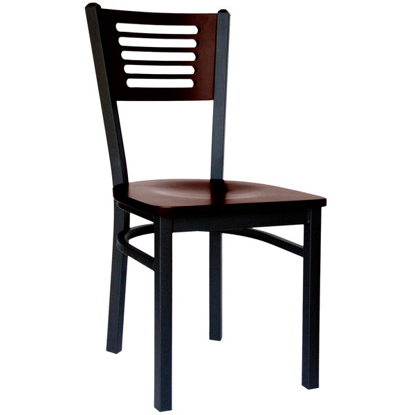 A BFM Seating black metal side chair with a wooden slatted back and seat.