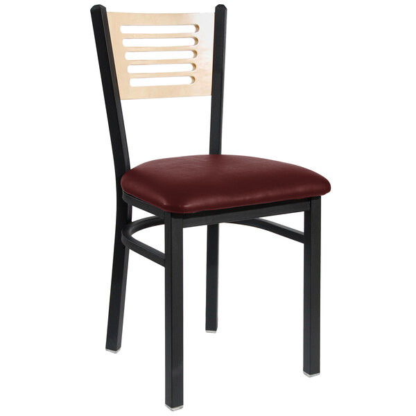 A BFM Seating black metal side chair with a natural wooden back and burgundy vinyl seat.