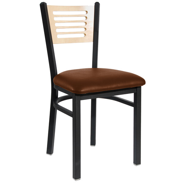 A BFM Seating black metal side chair with a brown vinyl seat